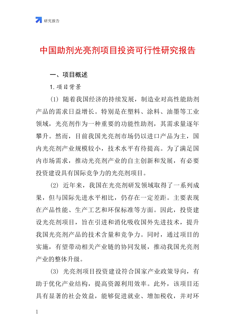 中国助剂光亮剂项目投资可行性研究报告_第1页