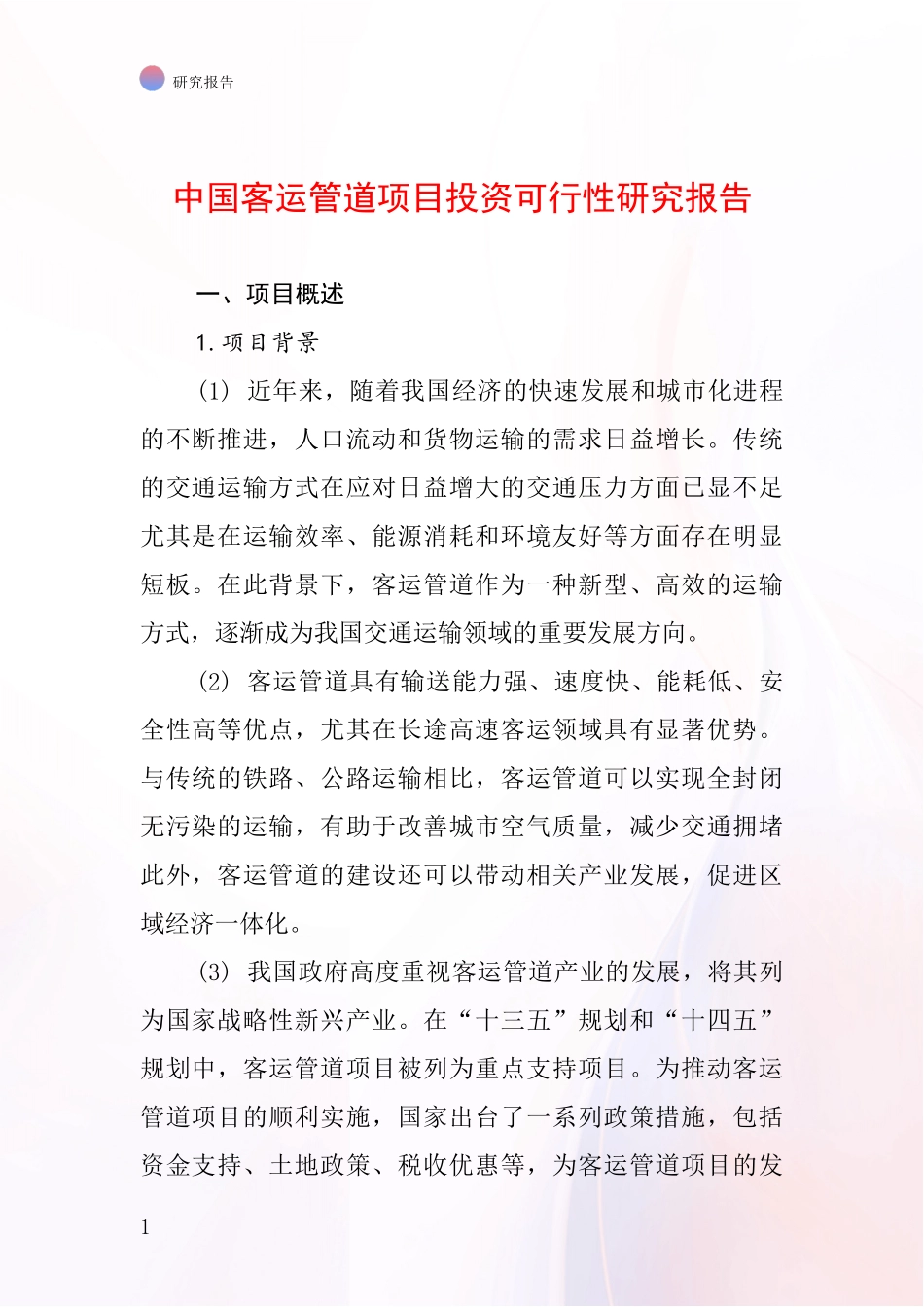 中国客运管道项目投资可行性研究报告_第1页