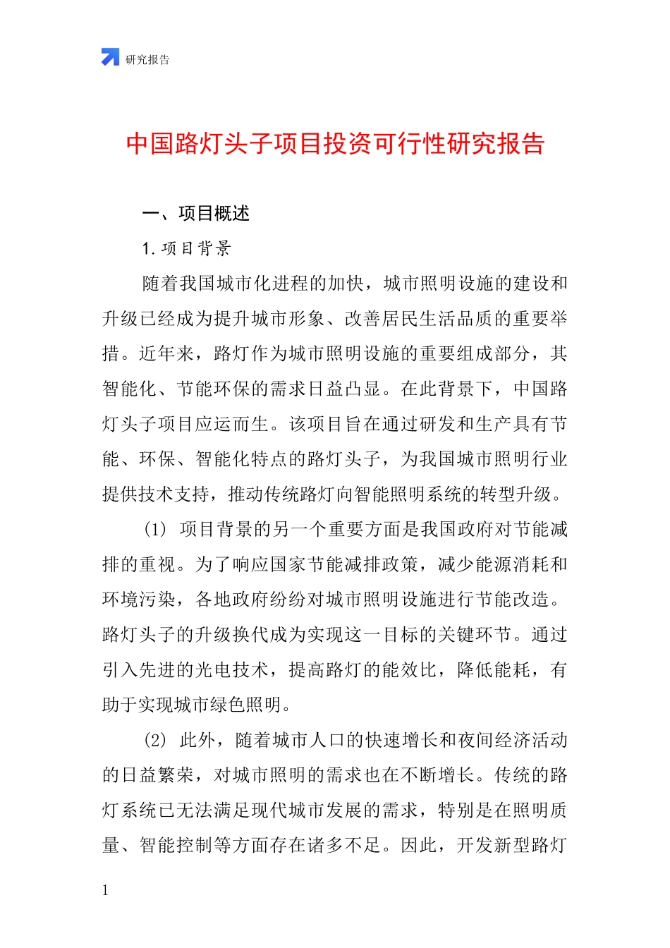 中国路灯头子项目投资可行性研究报告_第1页