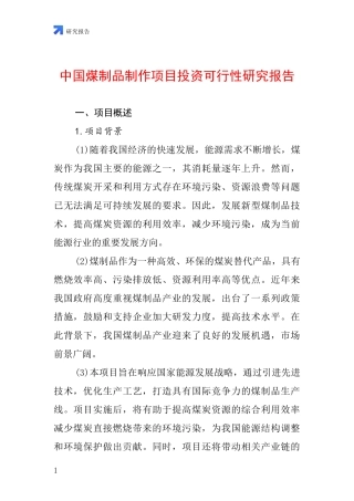 中国煤制品制作项目投资可行性研究报告