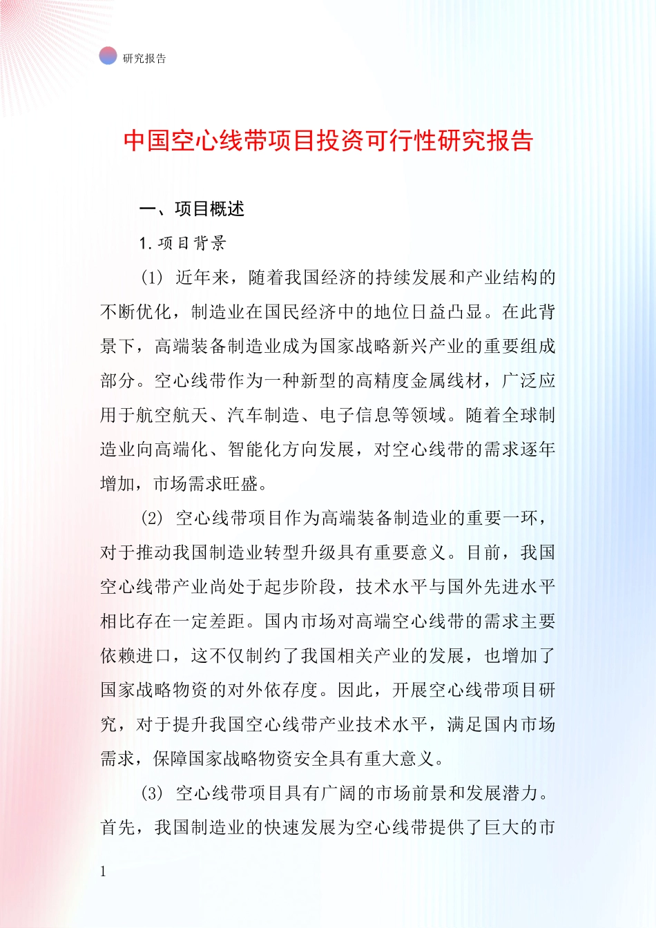 中国空心线带项目投资可行性研究报告_第1页