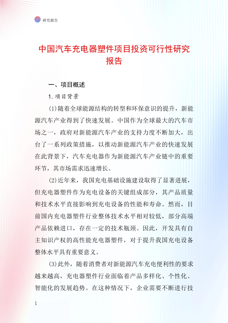中国汽车充电器塑件项目投资可行性研究报告_第1页