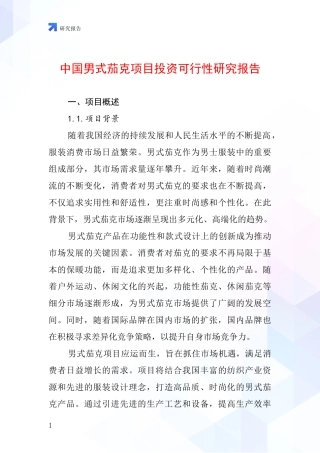 中国男式茄克项目投资可行性研究报告