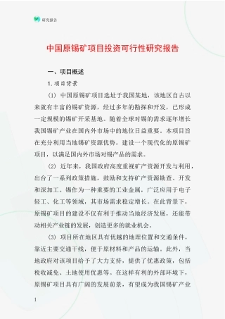 中国原锡矿项目投资可行性研究报告