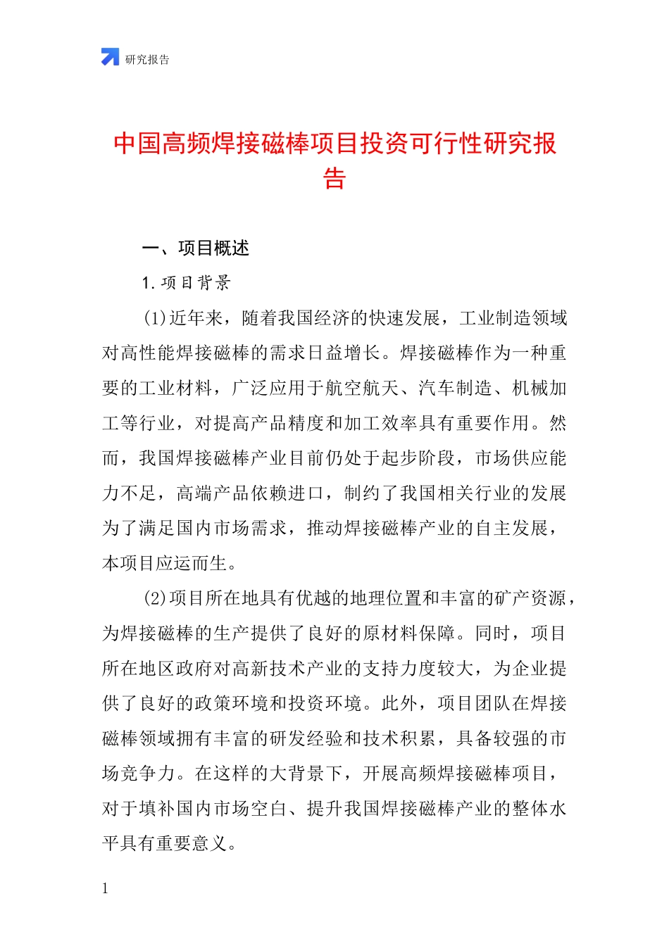 中国高频焊接磁棒项目投资可行性研究报告_第1页