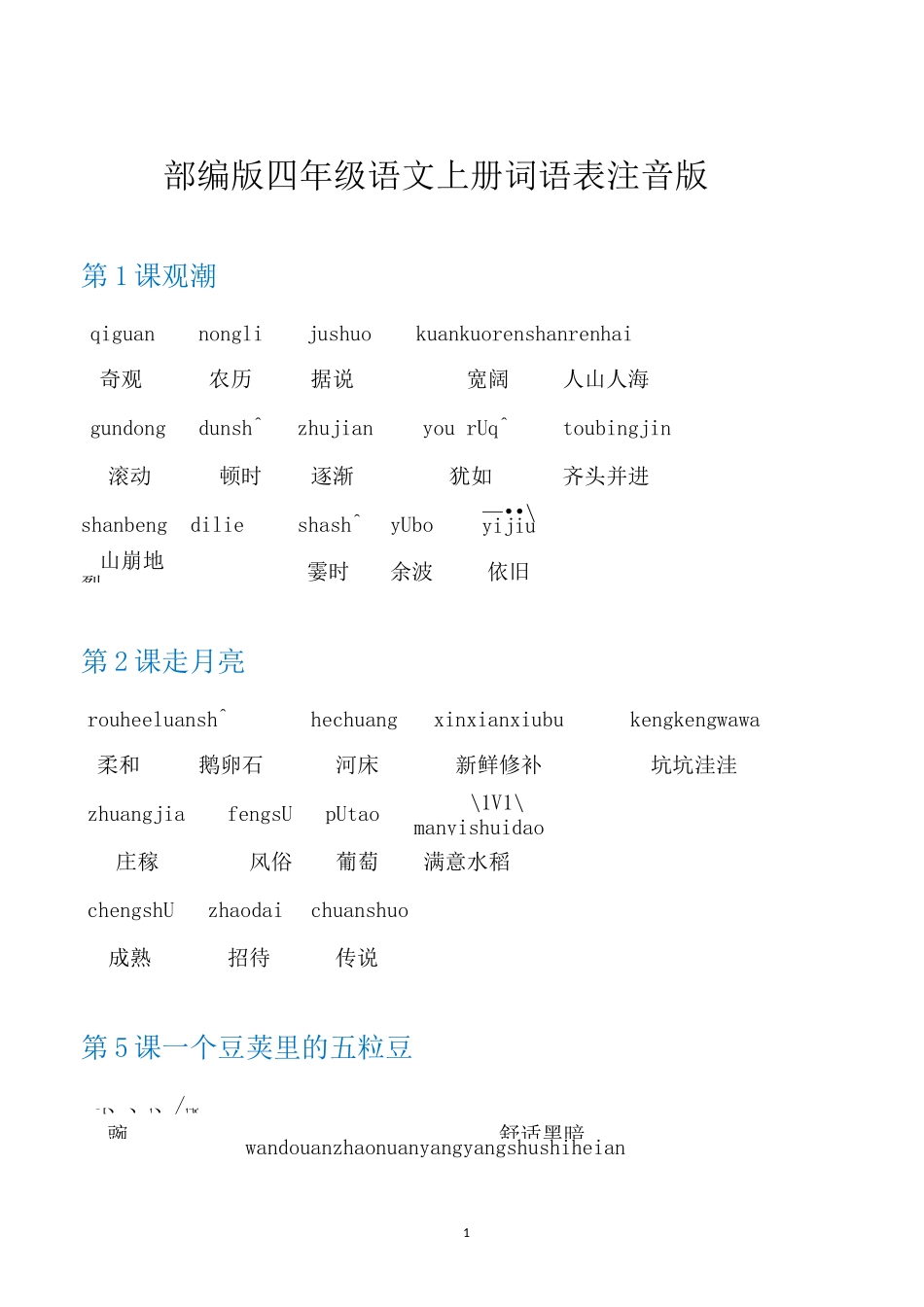 (上册)部编版四年级 语文词语表注音版_第1页