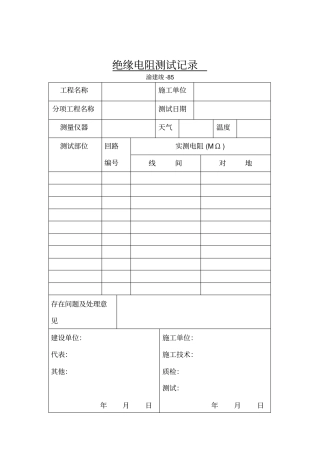 绝缘电阻测试记录表格