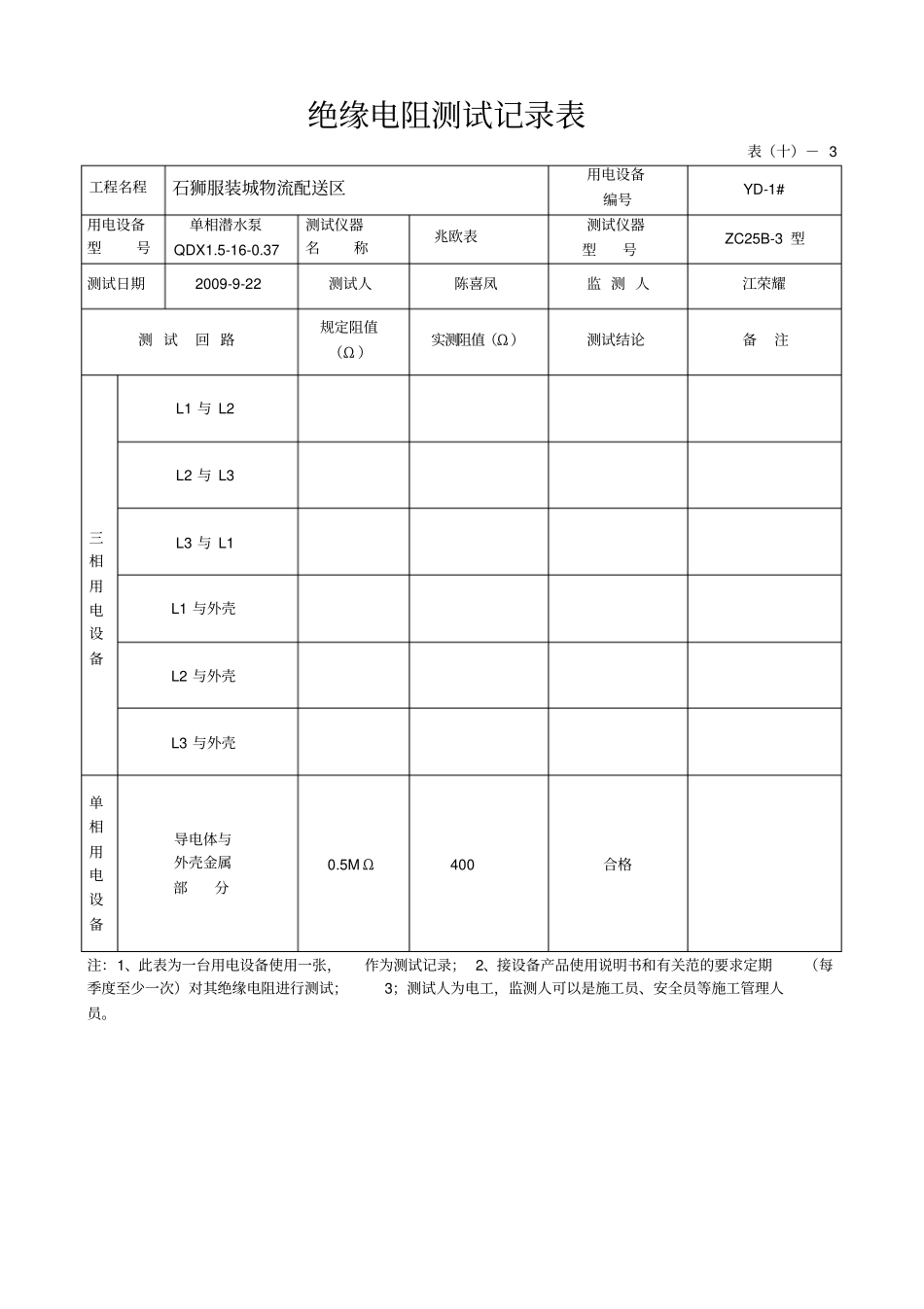 绝缘电阻测试记录表43269_第1页