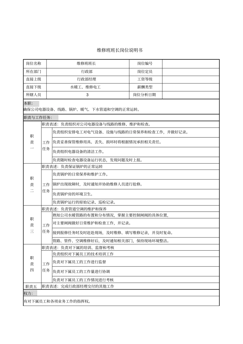 维修班班长岗位说明书_第1页