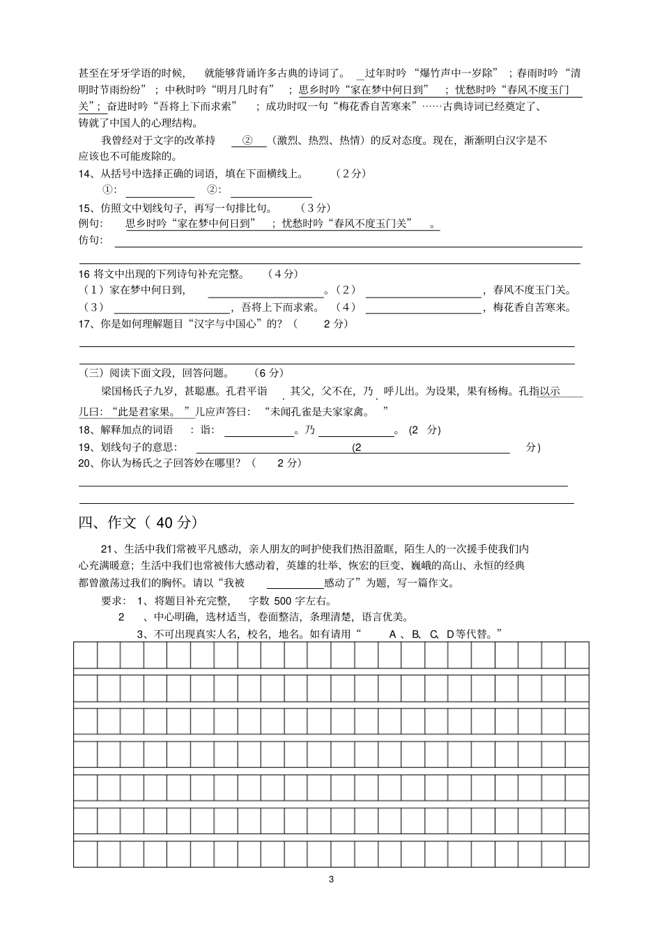 绵阳东辰国际学校小升初语文测试卷三_第3页