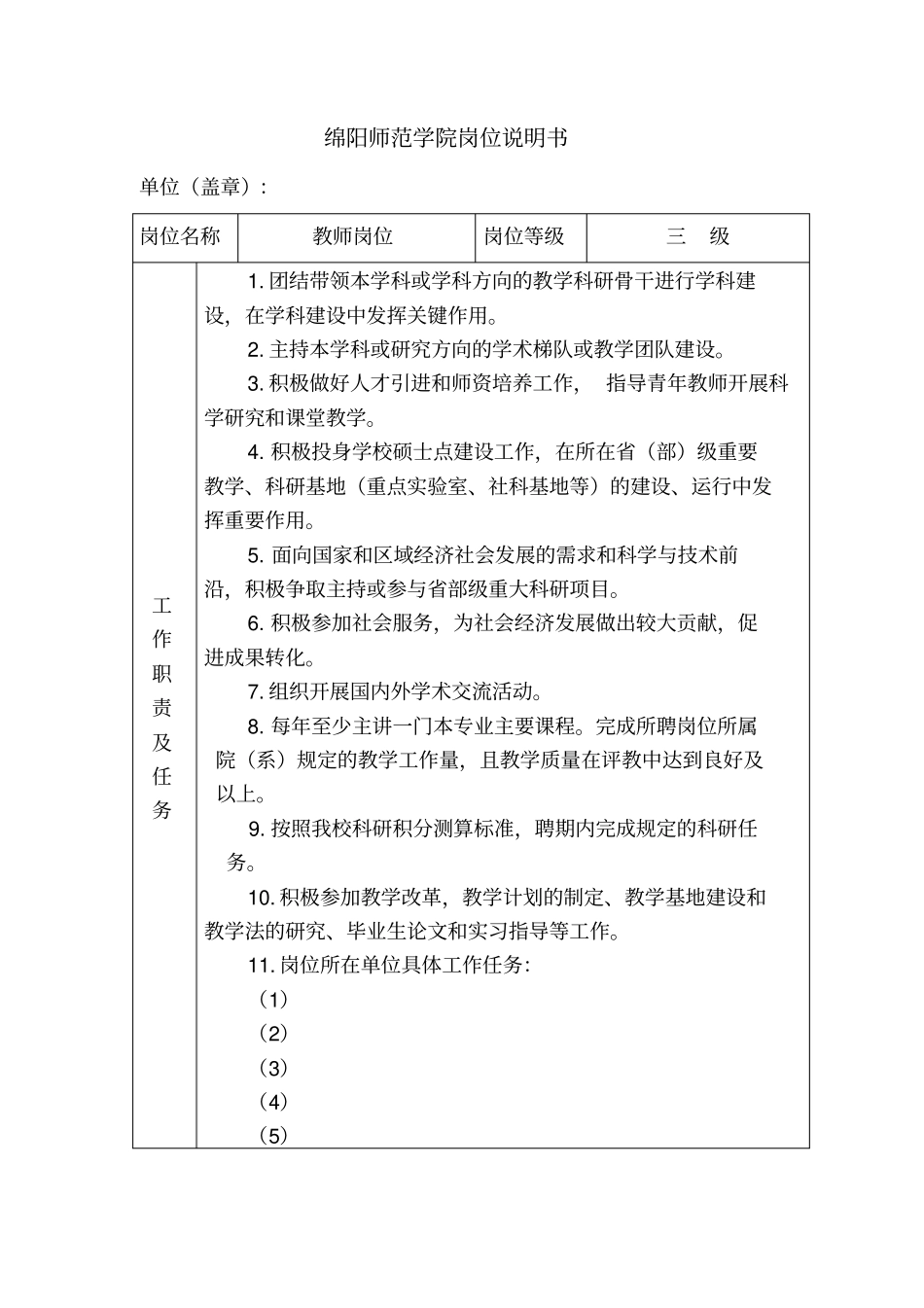 绵阳师范学院岗位说明书_第1页