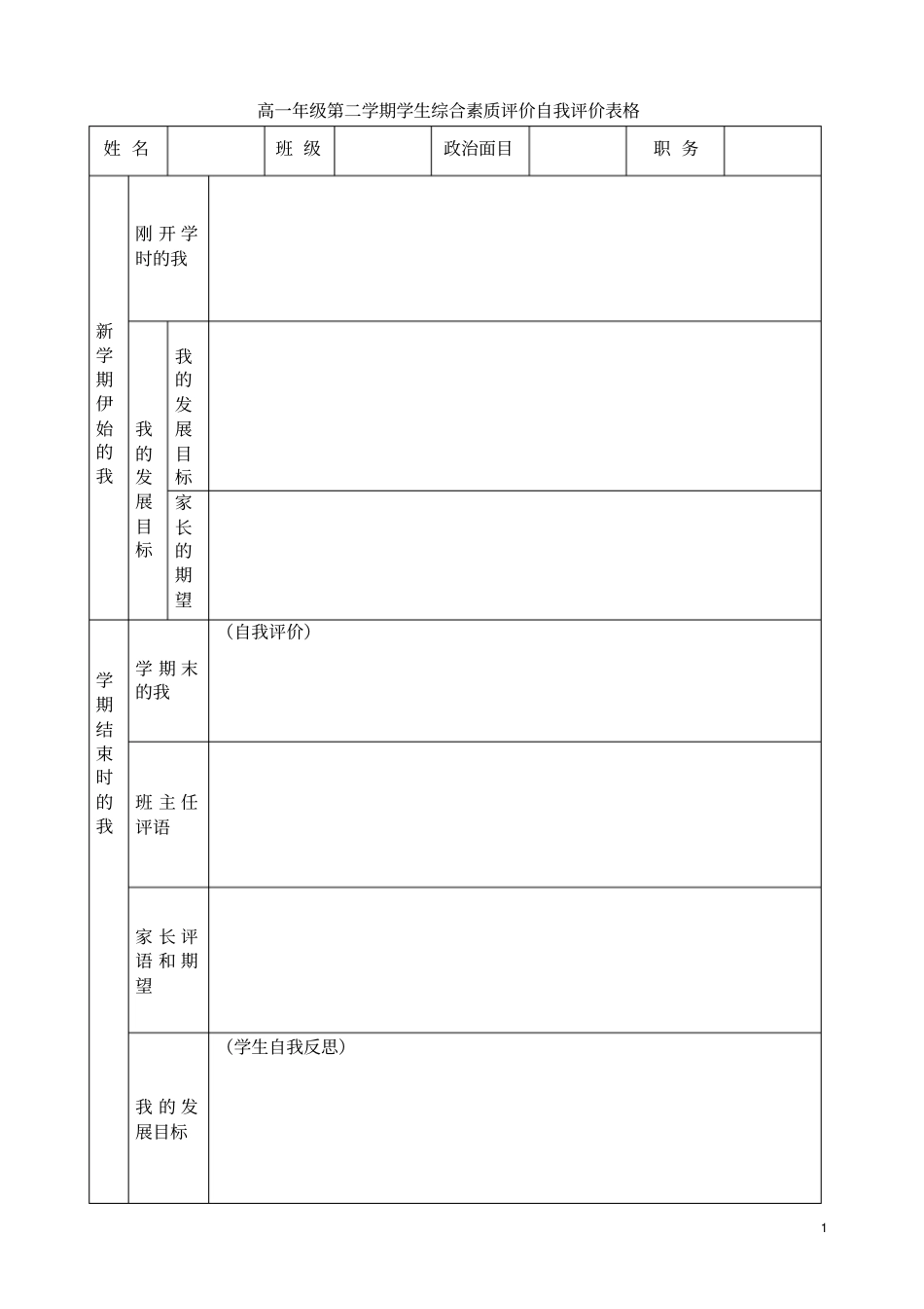 综合素质评价自我评价表格全套_第1页
