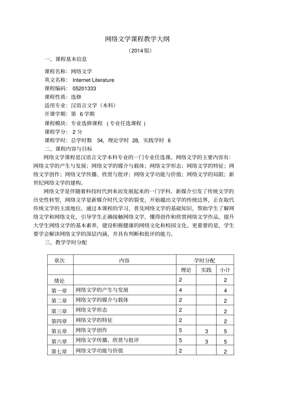 网络文学教学大纲+汉语言文学专业+余--编写---副本_第1页