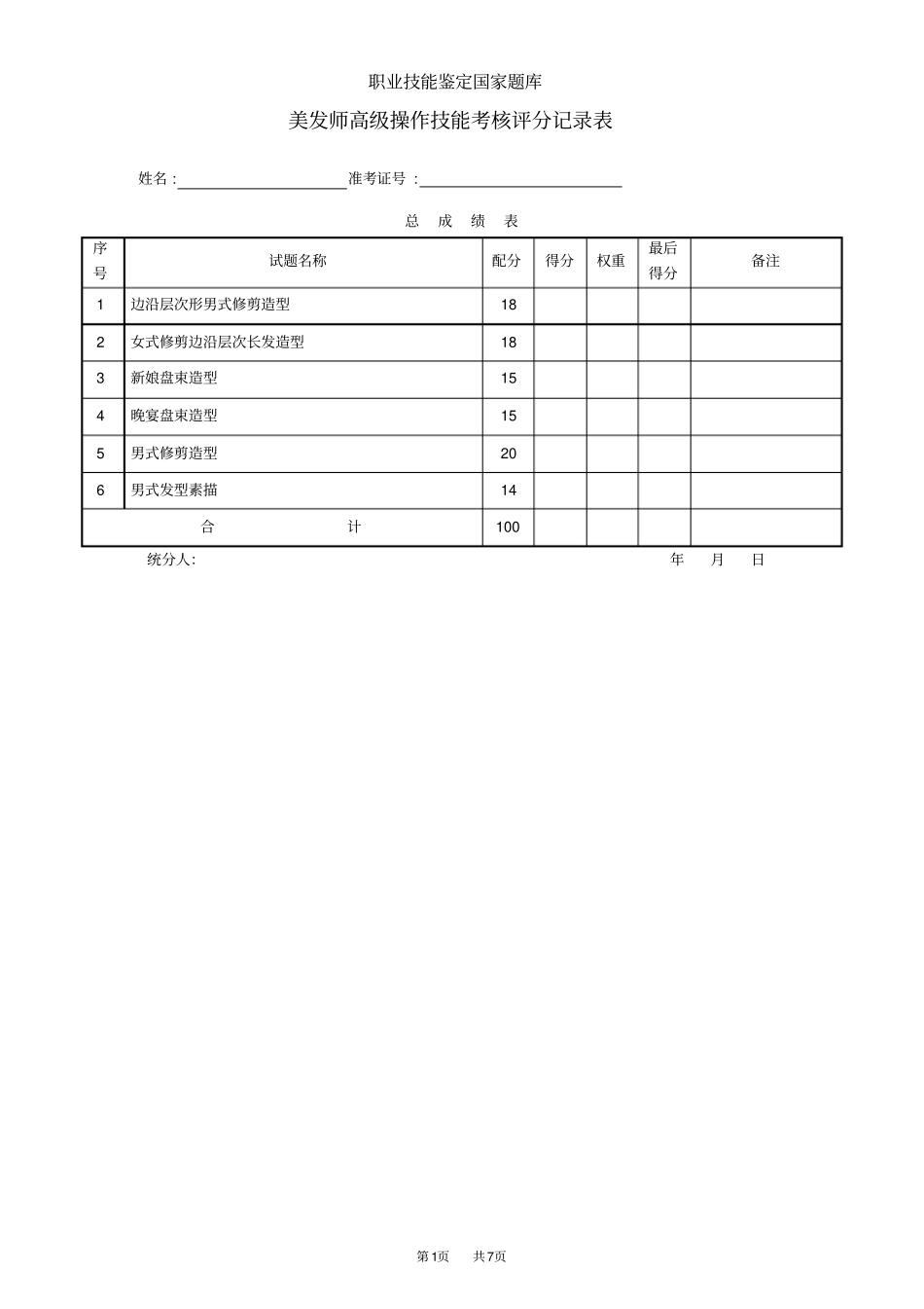 美发师高级评分记录表_第1页