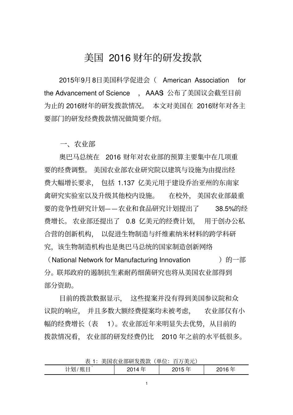 美国2016财年的研发拨款_第1页