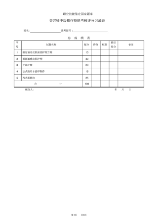 美容师中级评分记录表