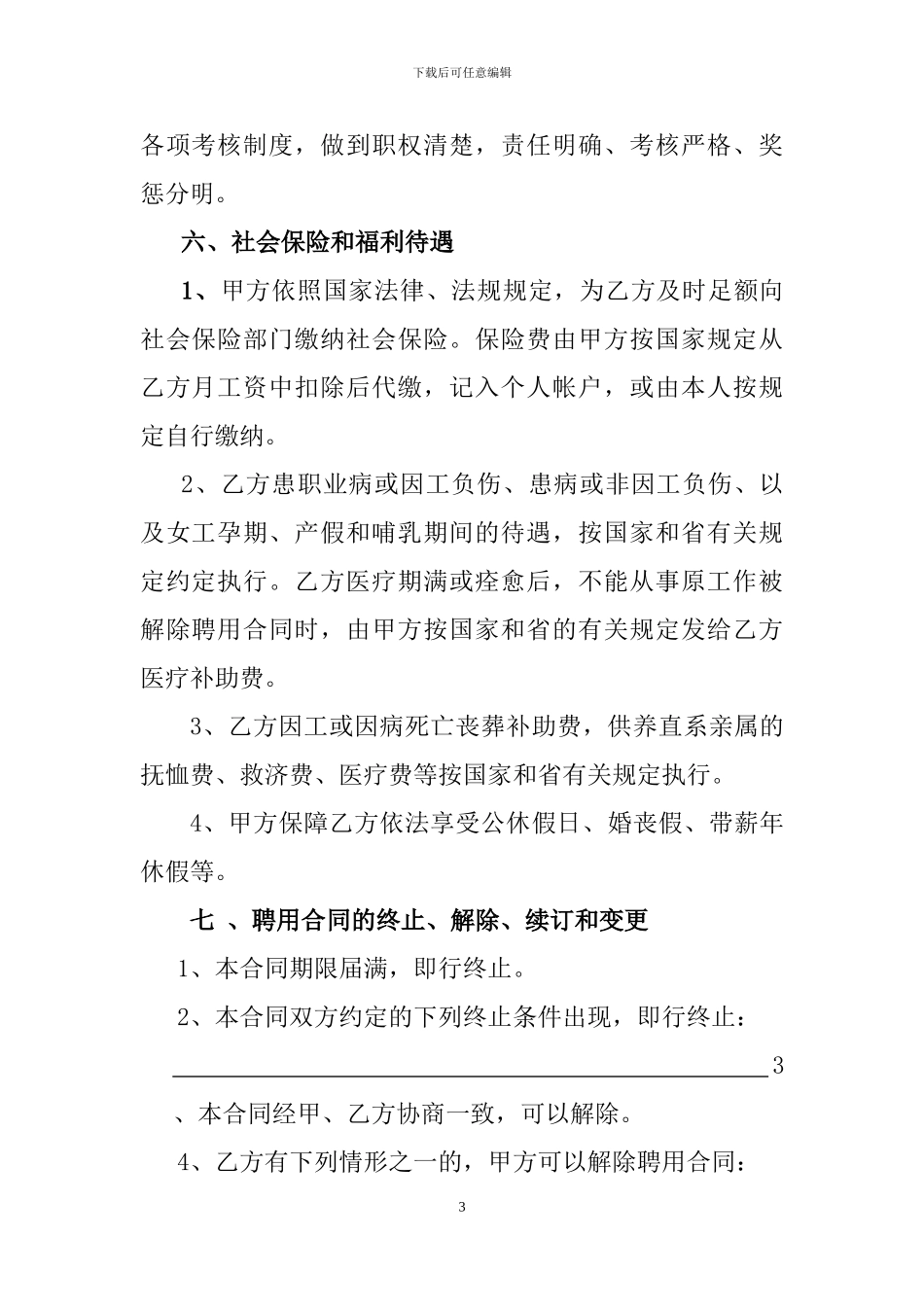 湖南省机关事业单位聘用合同2024版本_第3页