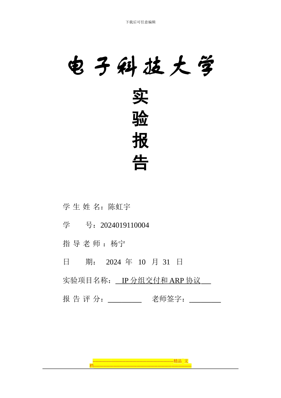 电子科技大学-TCPIP实验一-IP分组交付和ARP协议-实验报告_第1页
