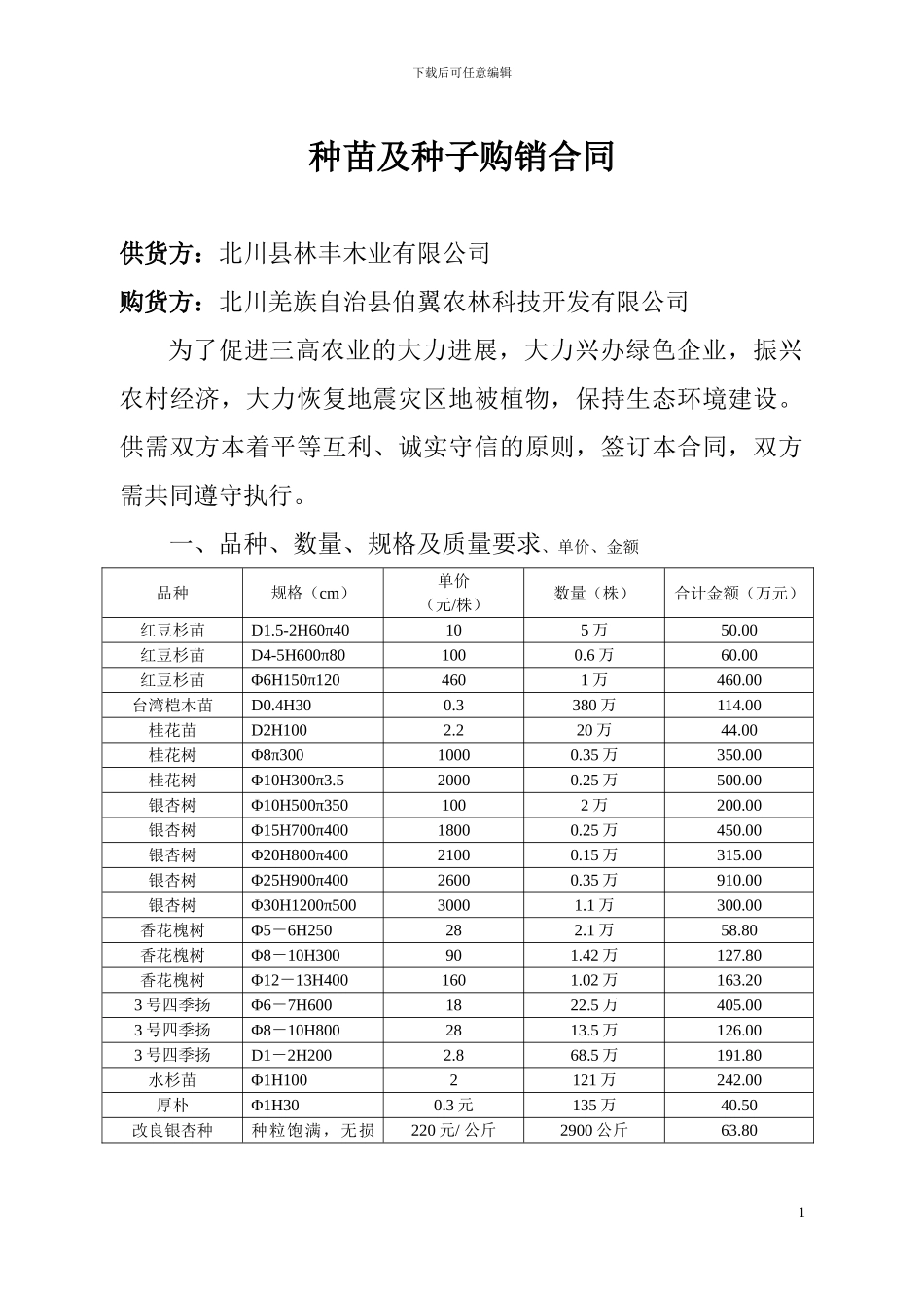 种苗购销合同样本1_第1页