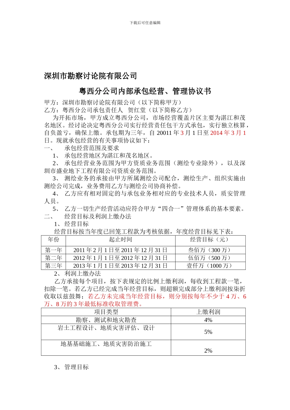 粤西分公司内部承包经营管理协议书2024-1_第1页