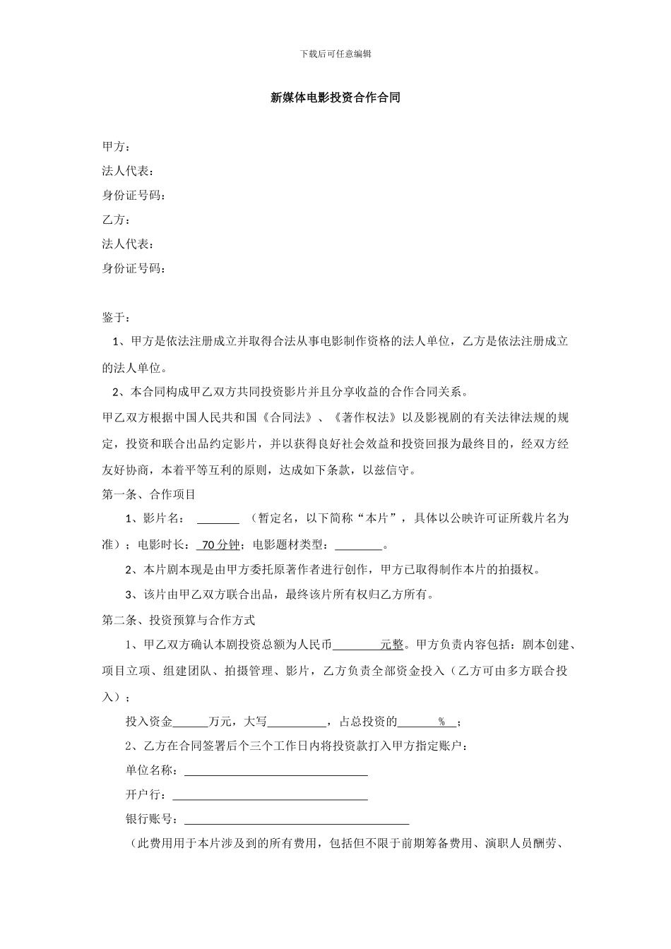 网络大电影投资合作合同_第1页