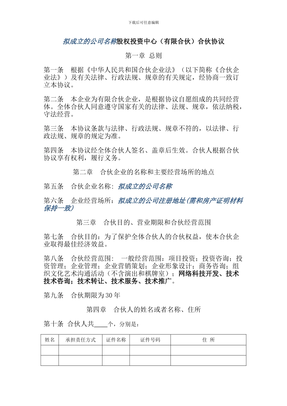 股权投资中心合伙人协议模板_第1页