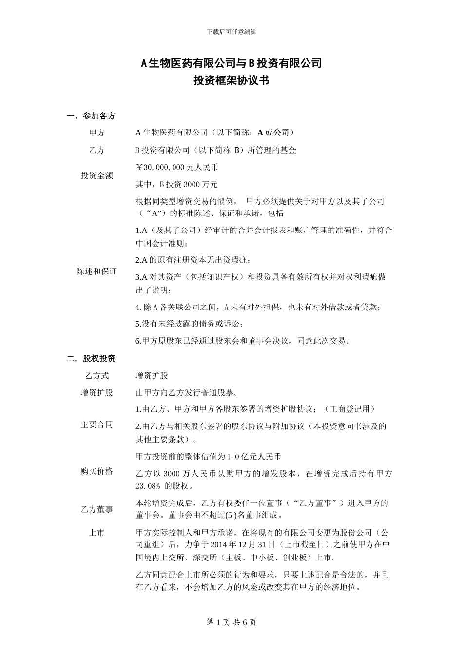 股权投资框架协议书案例_第1页