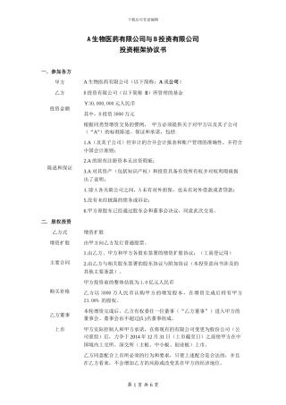 股权投资框架协议书案例