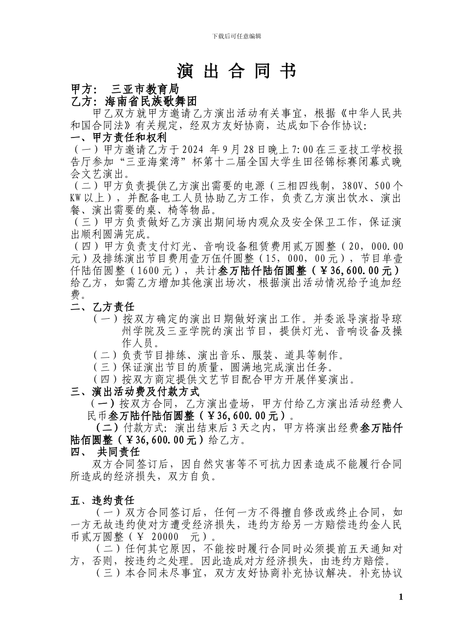 艺术团与文体局签订的合同版本_第1页