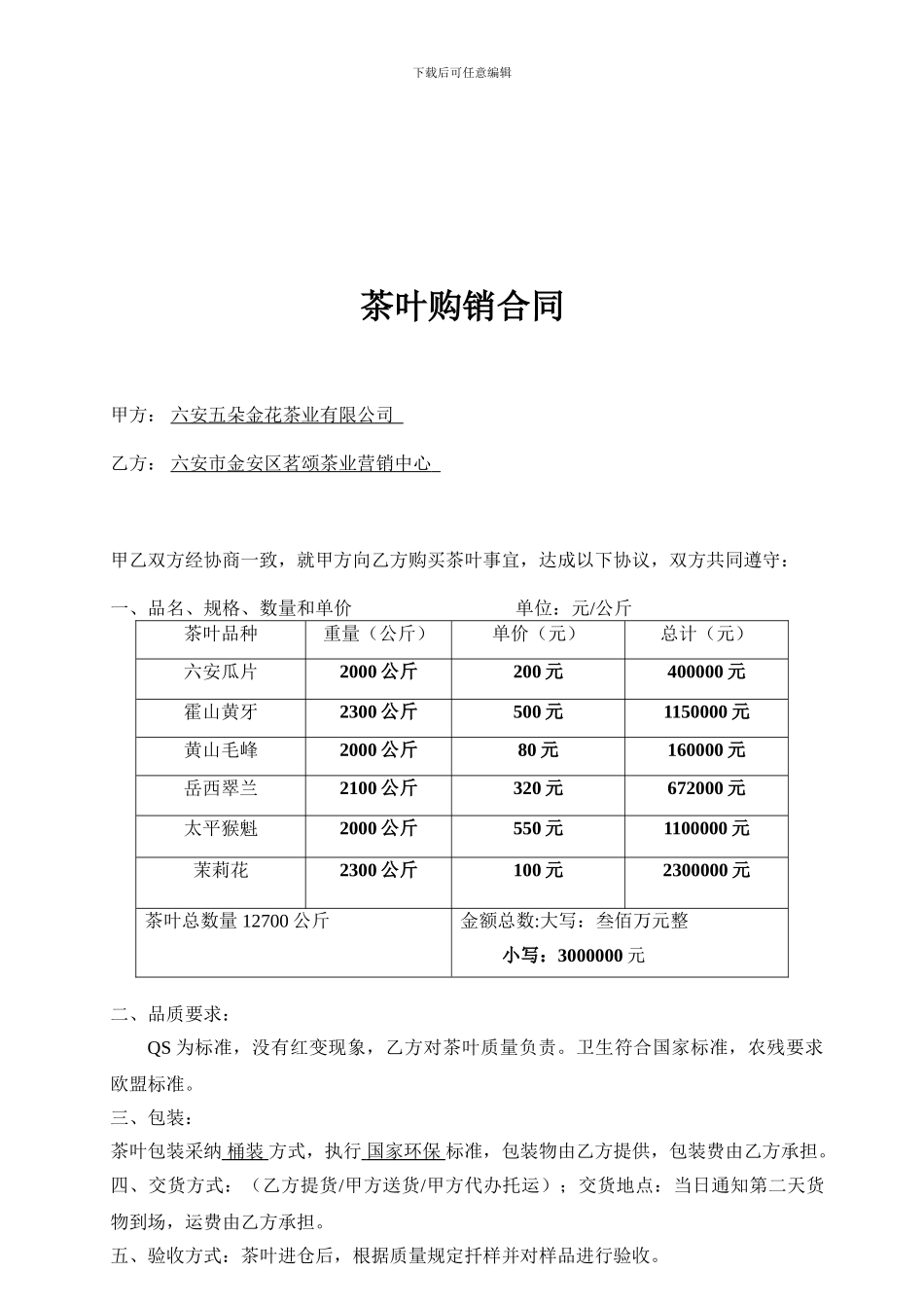 茶叶采购合同(样本)_第1页