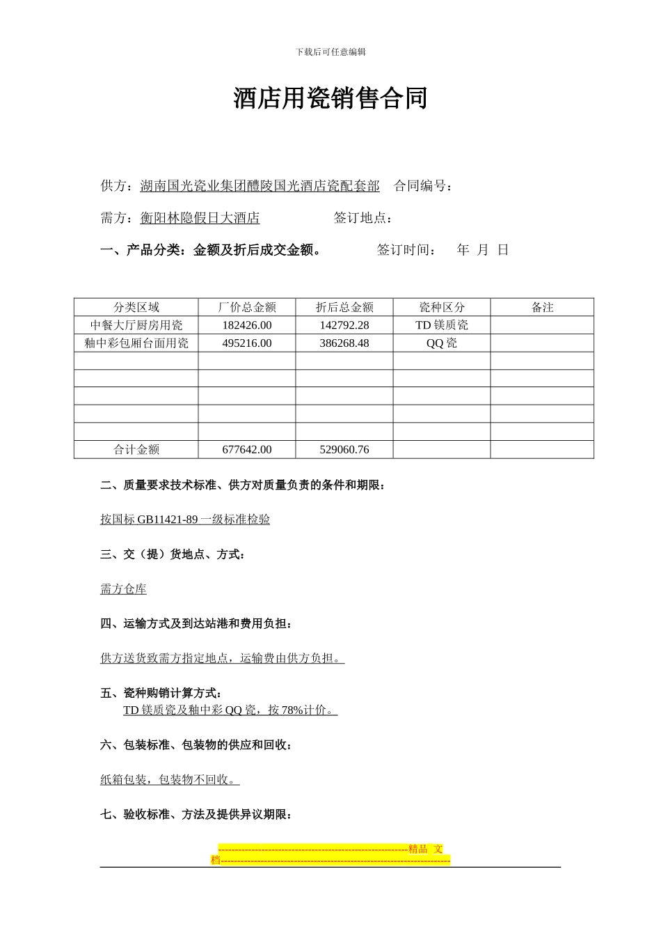 酒店用瓷销售合同1_第1页