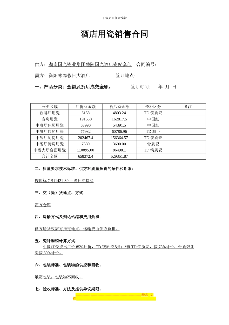 酒店用瓷销售合同_第1页