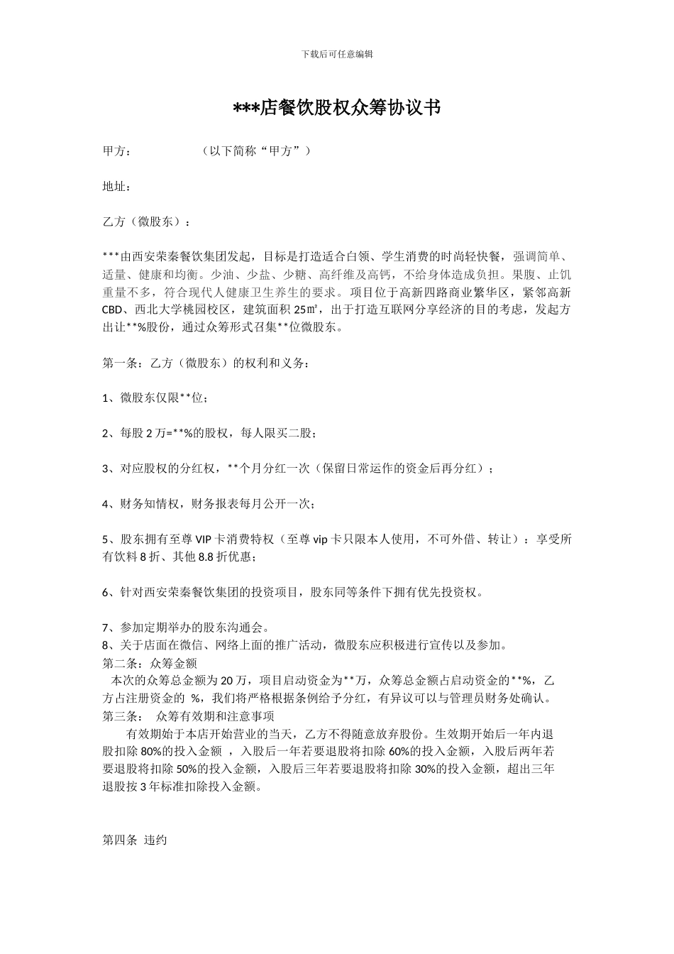 餐饮股权众筹协议书_第1页