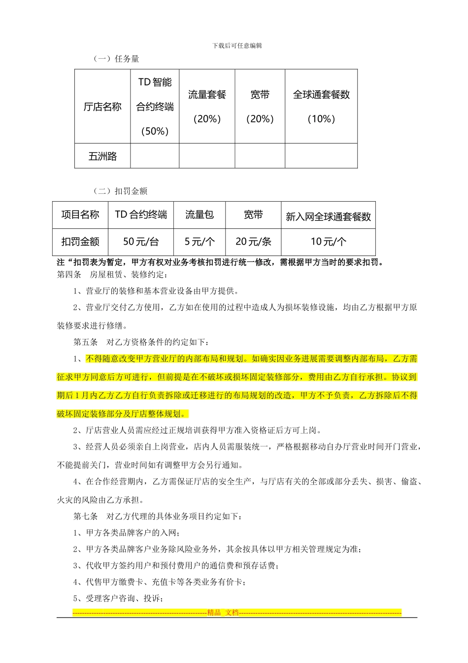 鹰潭移动营销中心五洲路营业厅委托经营协议书_第2页