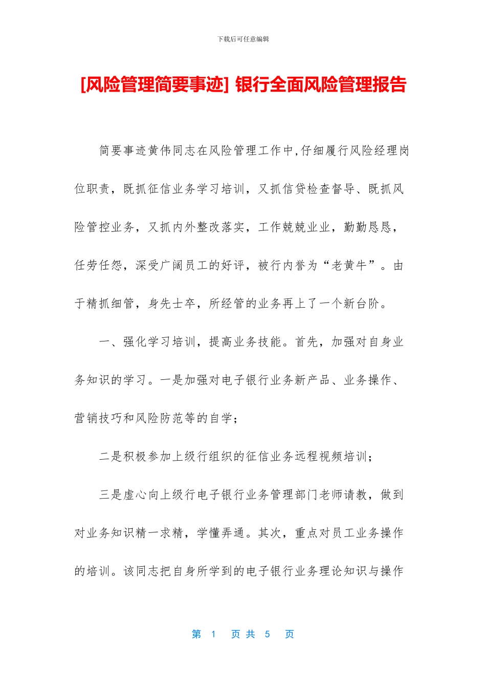 -银行全面风险管理报告_第1页