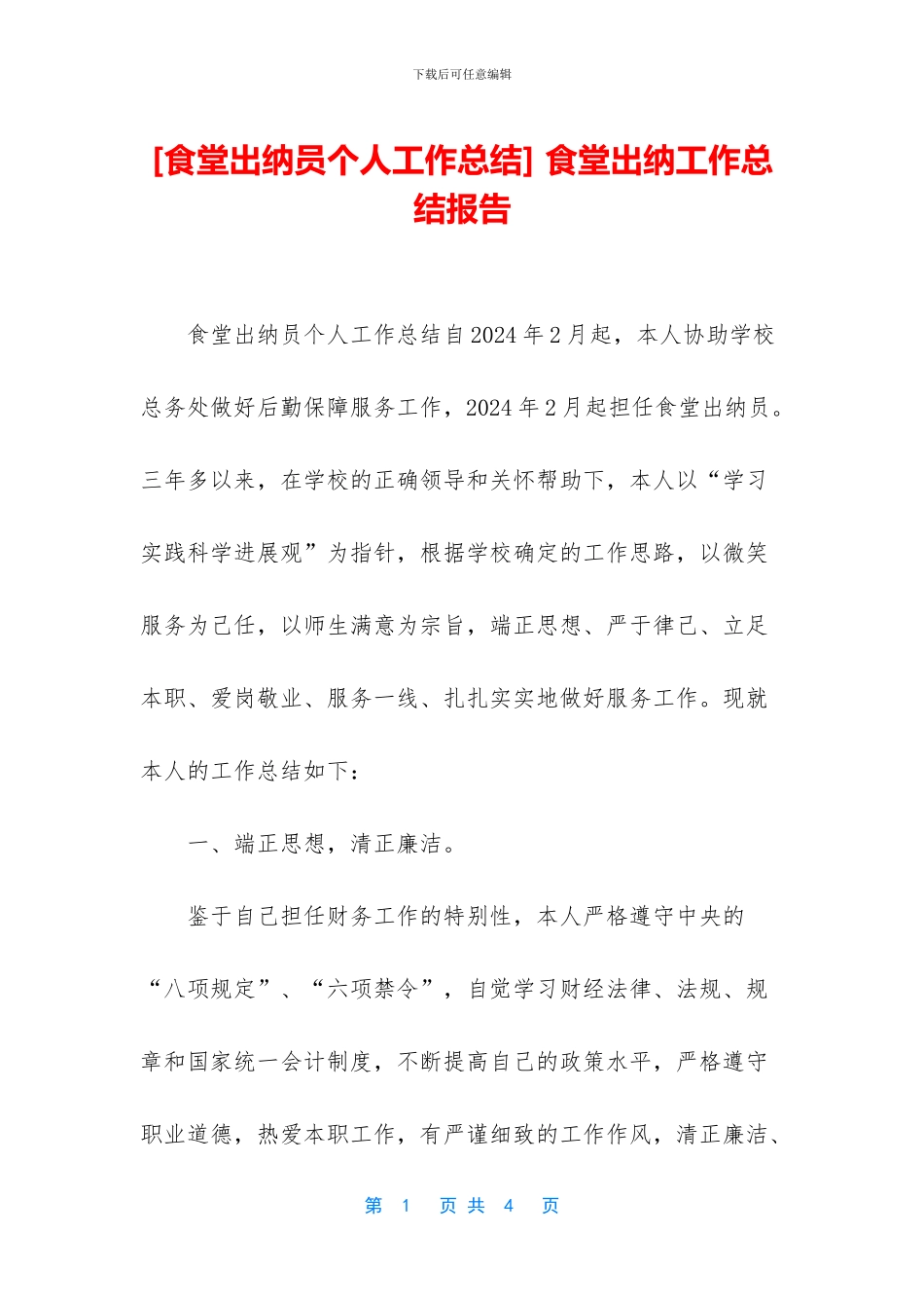 -食堂出纳工作总结报告_第1页