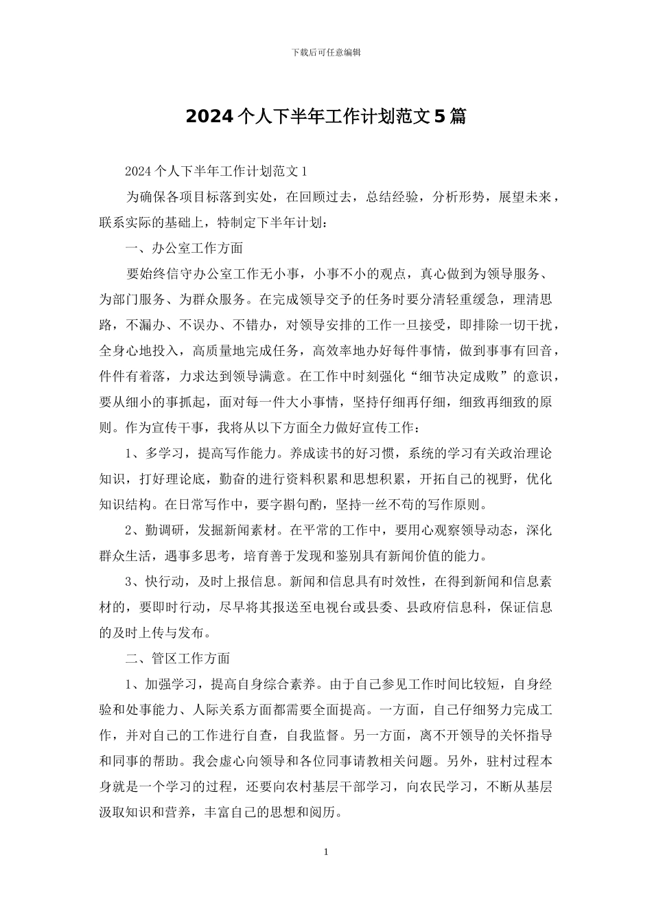 2024个人下半年工作计划范文5篇_第1页