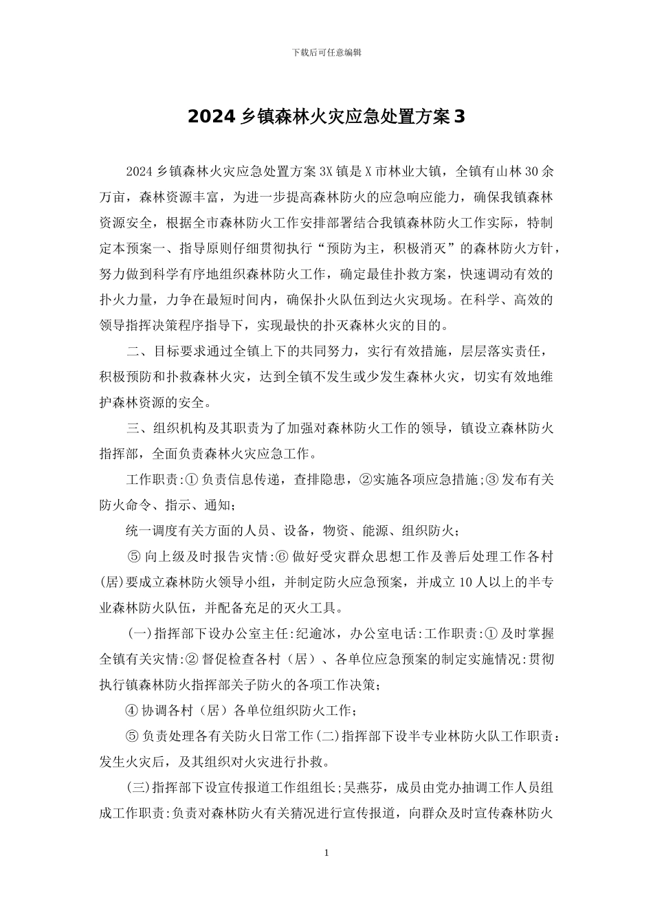 2024乡镇森林火灾应急处置方案3_第1页