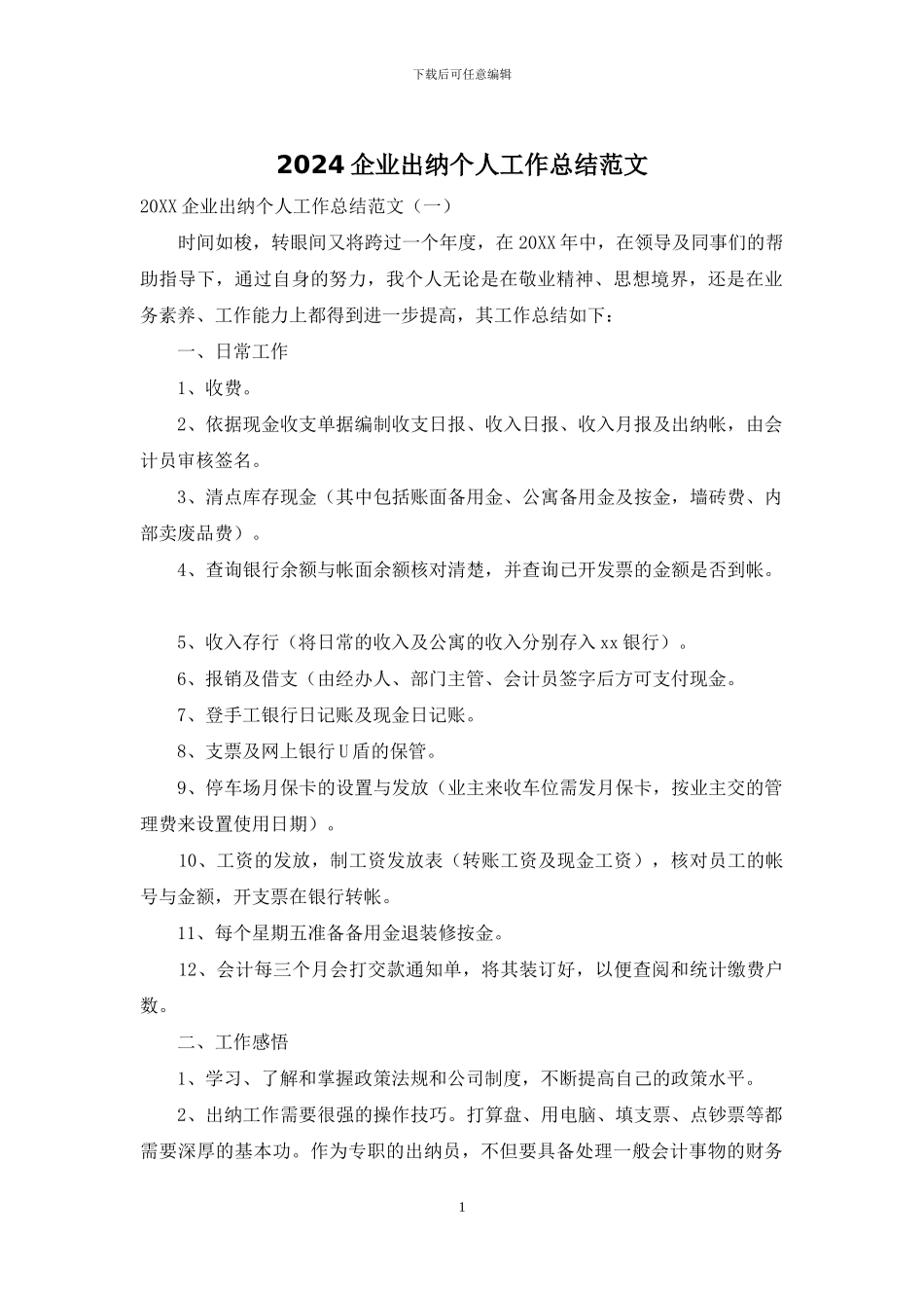 2024企业出纳个人工作总结范文_第1页