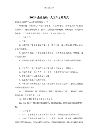 2024企业出纳个人工作总结范文