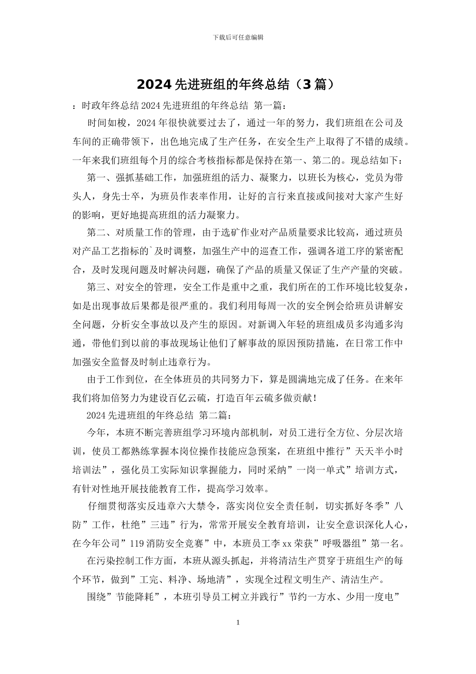 2024先进班组的年终总结_第1页