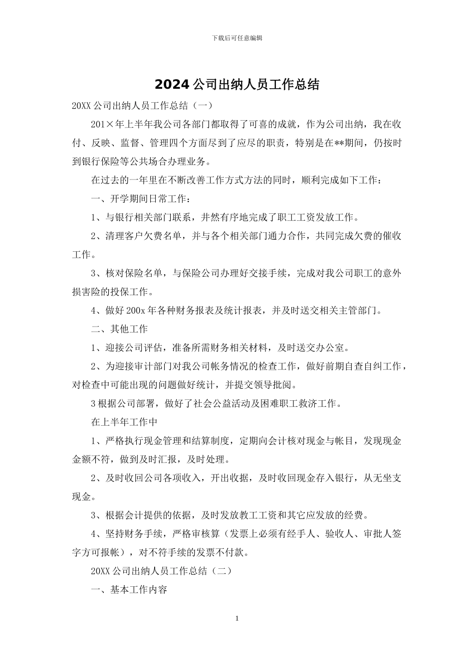 2024公司出纳人员工作总结_第1页