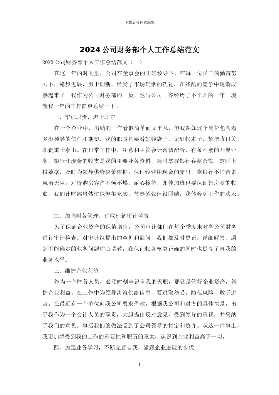 2024公司财务部个人工作总结范文_第1页