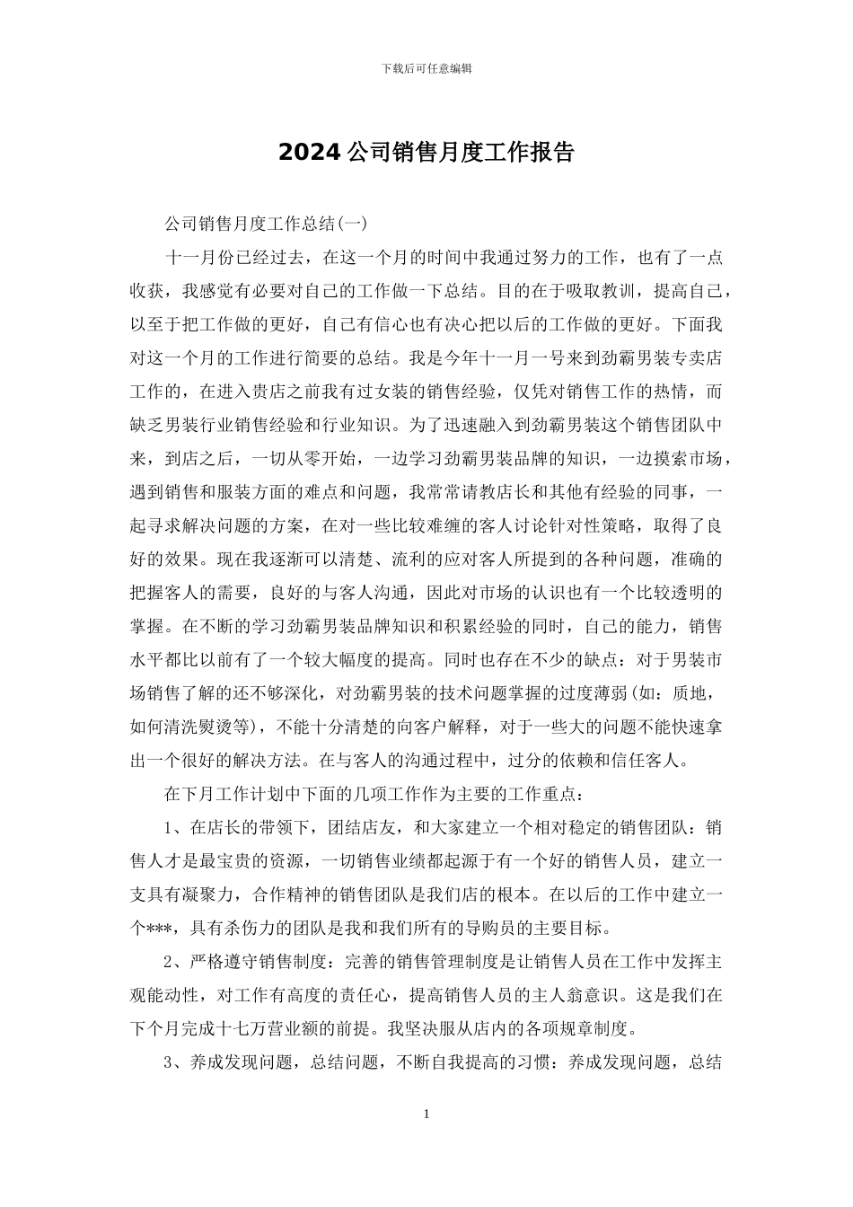 2024公司销售月度工作报告_第1页