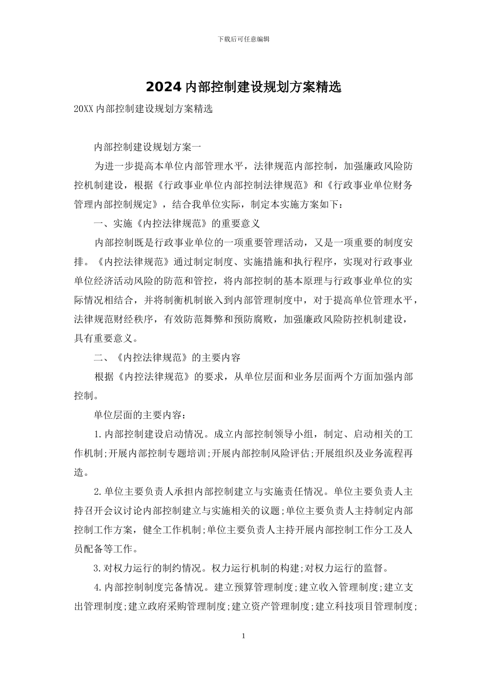 2024内部控制建设规划方案精选_第1页