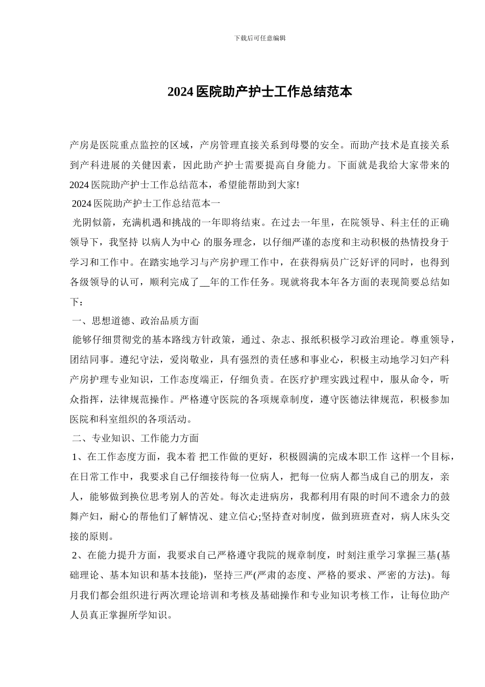 2024医院助产护士工作总结范本_第1页