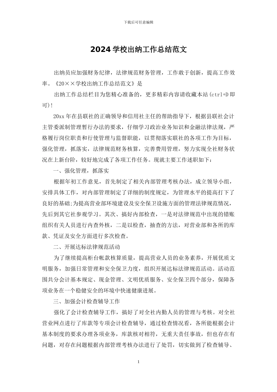 2024学校出纳工作总结范文_第1页