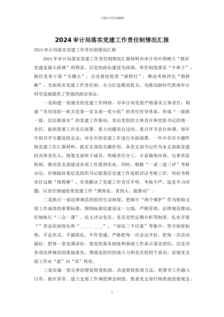 2024审计局落实党建工作责任制情况汇报_第1页