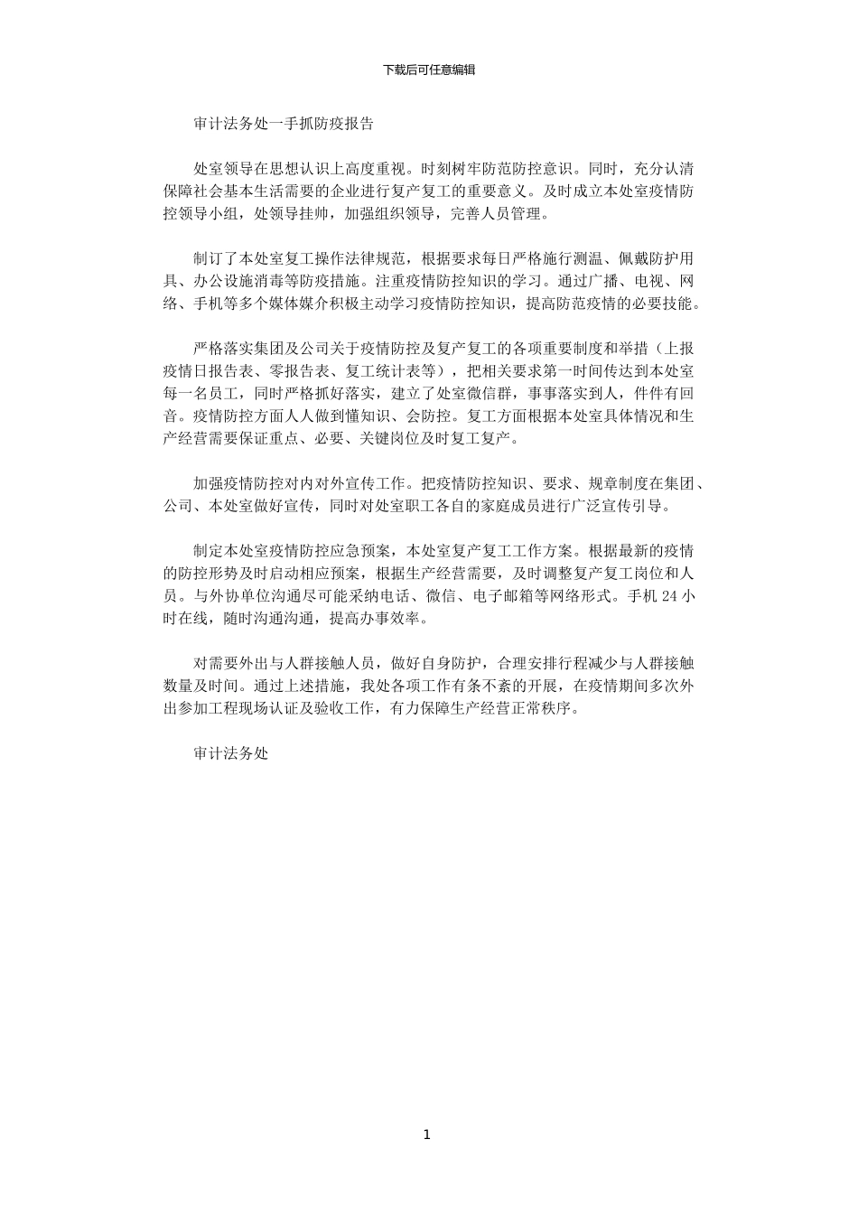 2024审计法务处一手抓防疫报告范文_第1页