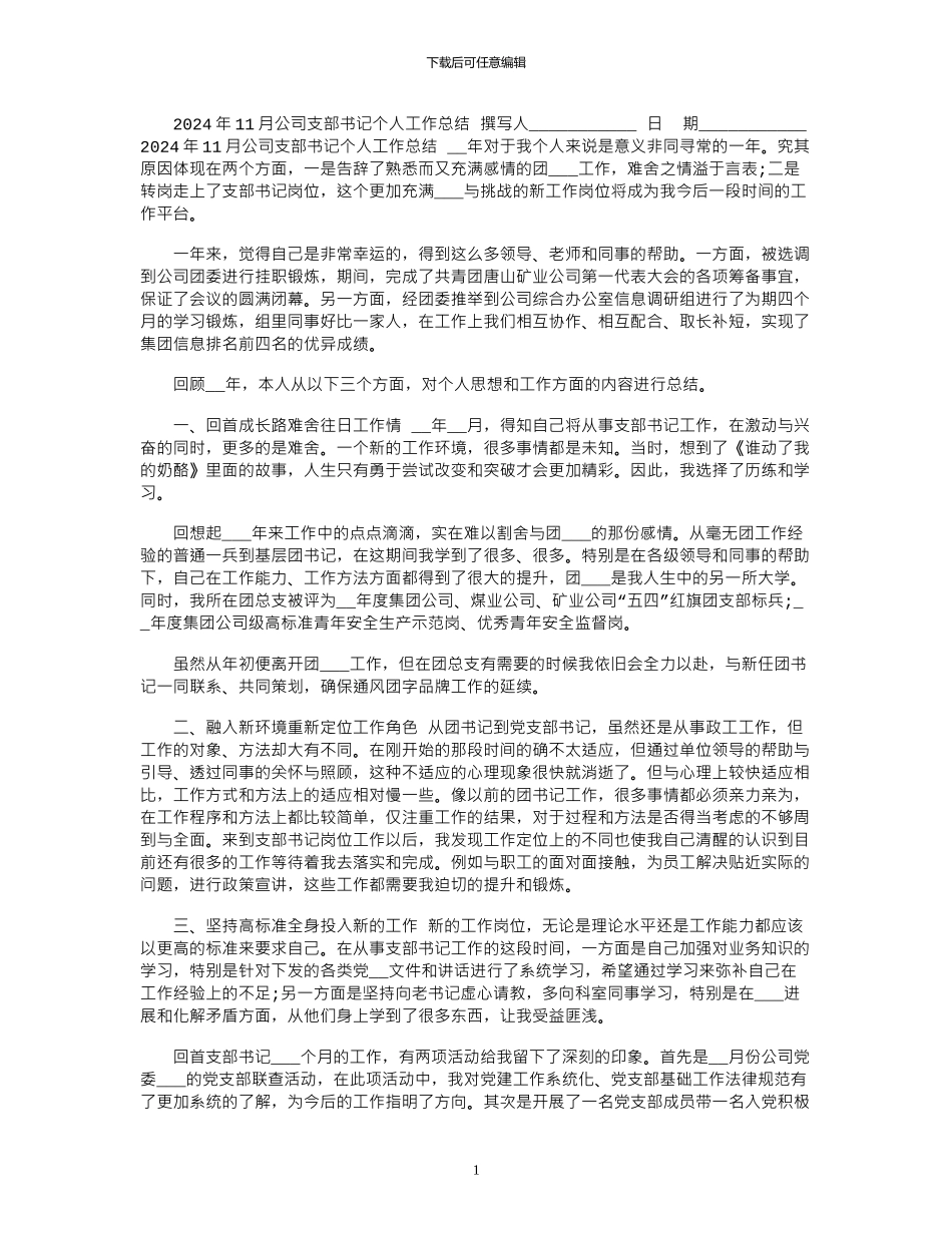 2024年11月公司支部书记个人工作总结_第1页